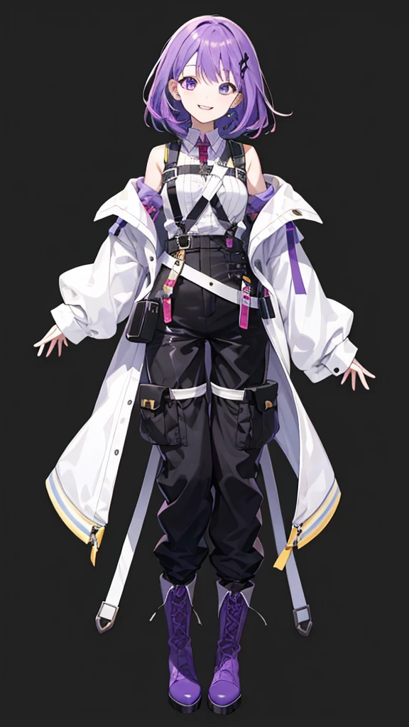 purple hair girl,medium hair,Harness,No sleeve,pants,boots,simple background,smile,whole body,full body,full body,Standing picture,vtuber,front,from front,Viewer's perspective,視線をfrontに,