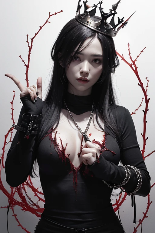 the bust of Makima, character from Chainsaw man, with a mysterious look, pointing a 9mm pistol forward holding it with both hands, a crown of thorns made of blood floating over his head in red, line art, hand drawing, and with black chains in the background crossing each other, no colors, just shaded black