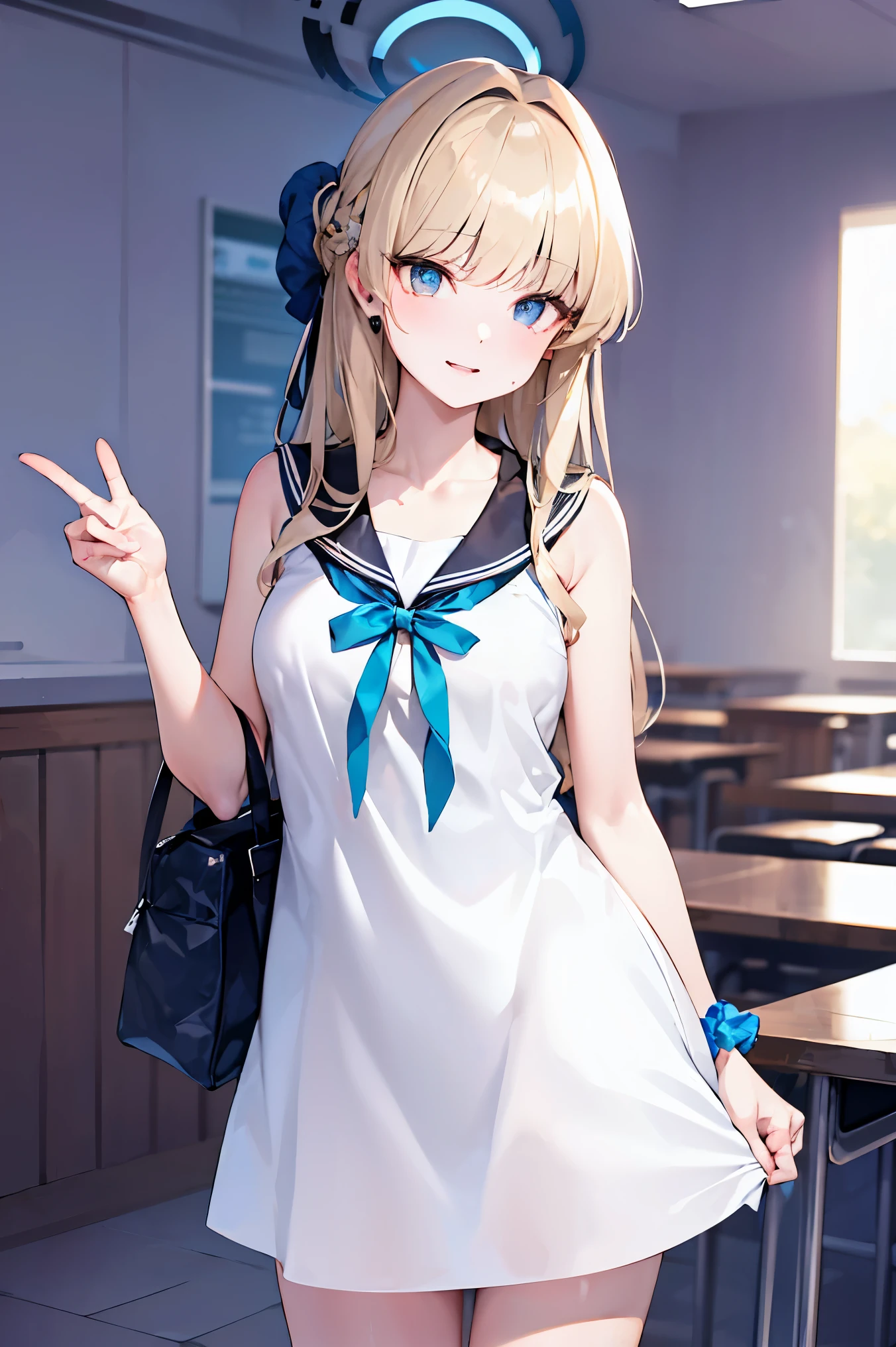 solo, (toki_bluearchive:1.10), 
BREAK (serafuku, bare shoulders, dress, sleeveless, collarbone, bag, handbag, scrunchie, sleeveless dress:1.2)
BREAK  cowboy shot, light smile, arm behind back,
BREAK class room,
BREAK (masterpiece:1.2), best quality, high resolution, unity 8k wallpaper, (illustration:0.8), (beautiful detailed eyes:1.6), extremely detailed face, perfect lighting, extremely detailed CG, (perfect hands, perfect anatomy),