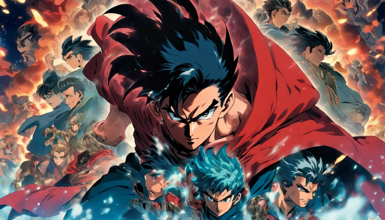50s, male, final boss, black hair, blue steam floating around, intense gaze, wearing a red cloak, many companions behind him, looking at camera, front, wrinkles on face