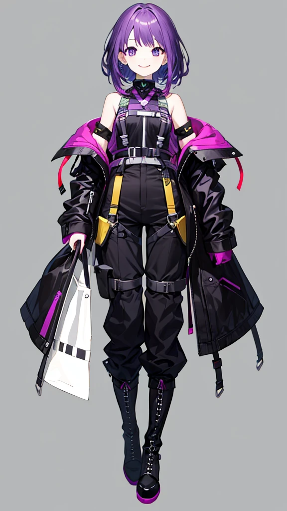 purple hair girl,medium hair,Harness,No sleeve,pants,boots,simple background,smile,whole body,full body,full body,Standing picture,vtuber,front,from front,Viewer&#39;s perspective,視線をfrontに,