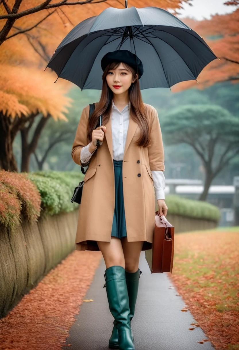 “Asian woman, neatly detailed long hair, beret hat, carrying an umbrella ☂️ wearing shoes 👢 boots, looking full body exploring Japan during the enchanting autumn season." Best quality photos, HD, cinematic