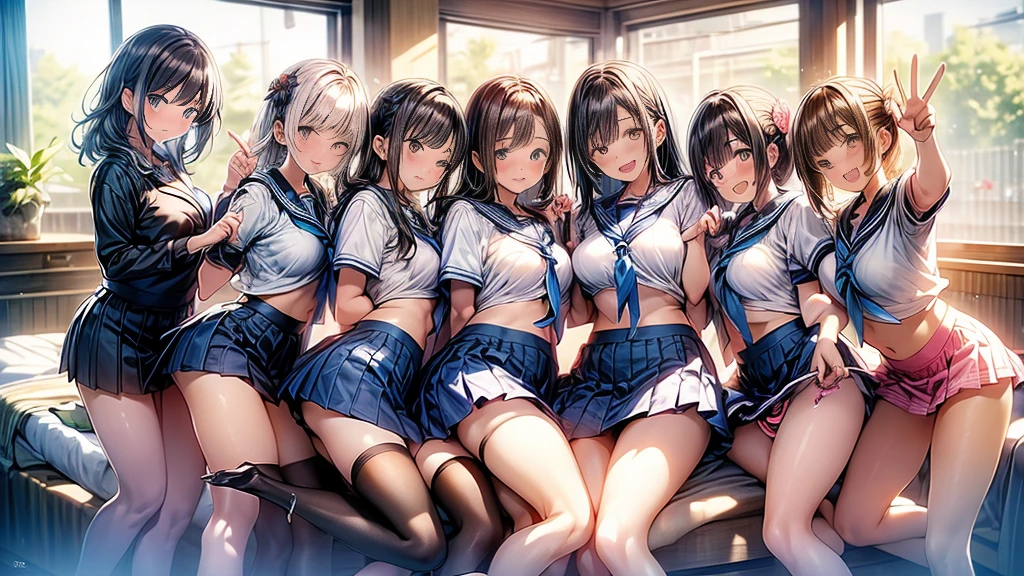nswf:1.3,(masterpiece: 1.2, highest quality, masterpiece, Clearer images), (Bright colors), ((Take clear photos even from a distance)), (multiple girls), (Harem), (School classmates), (((All school uniforms have the same design))), (((Everyone is wearing the same navy blue skirt))), (()), ((prostitution婦)), (prostitution宿, on the bed), (cute Japanese((6 girls))), (((infant'face))), ((group shot)), (group selfie), ((ass visible through thighs))、 (Full body diagram from head to toe), front, frontやや下からの構図, symmetry, 18 year old tall girl, alone, (whole body from head to toe),wide angle, soft light, ((((laugh with your mouth wide open)))), (slightly larger breasts), ((prostitution)), (lure), ((viewers love it)), (((A lot of hearts are flying))), Landscape、(((show panty:1.6)))、((((M spread legs:1.4)))、((female masturbation:1.8))、((breast grab:1.3)),(((bra lift:1.2)))、one eye closed、stick out one's crotch、((youth))、black tights、black stockings、black pantyhose、black stockingsックス
