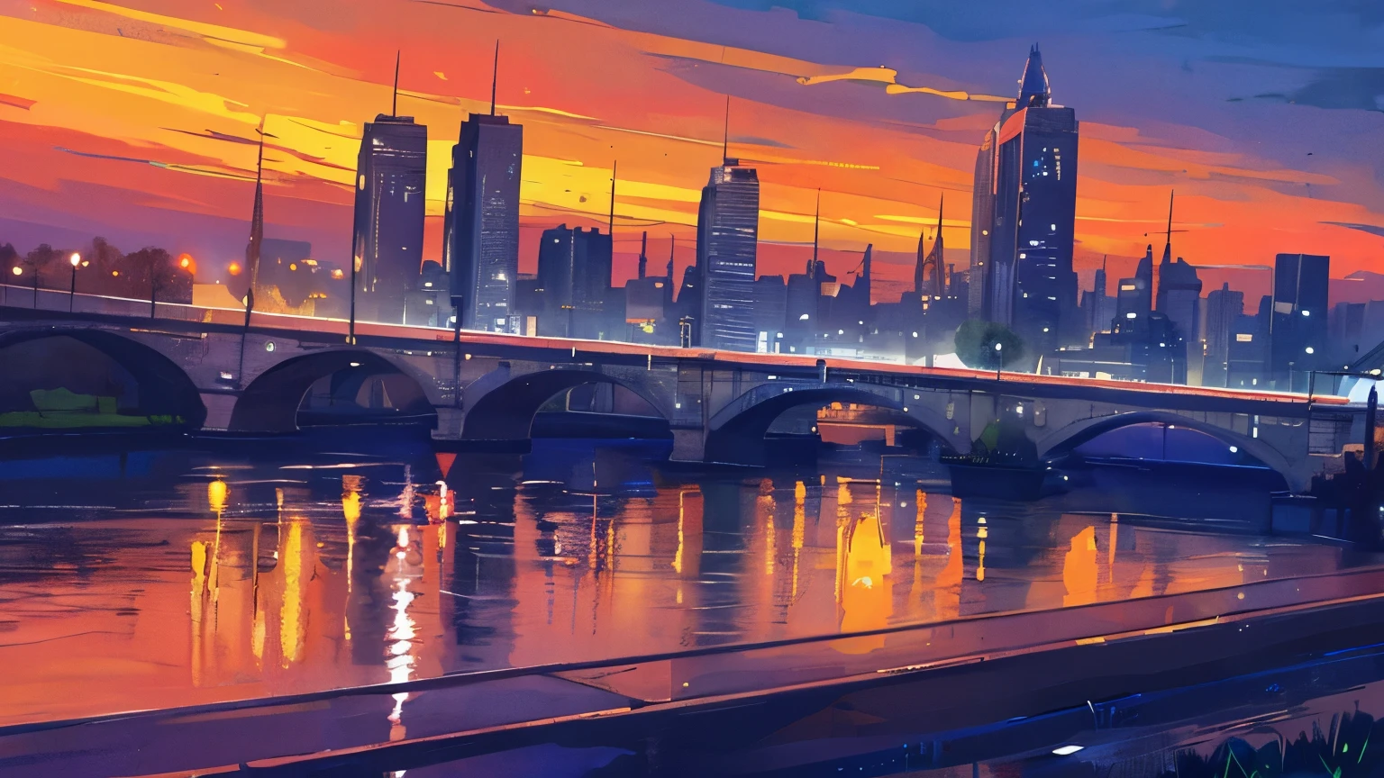 City skyline at night, with a large illuminated and a river sparkling below, calm and peace for those who see it, can be seen above the sky, water color, wash technique, colorful, a painting with dripping and scattered paint, r 9:16, Soft Illumination, high quality, master piece