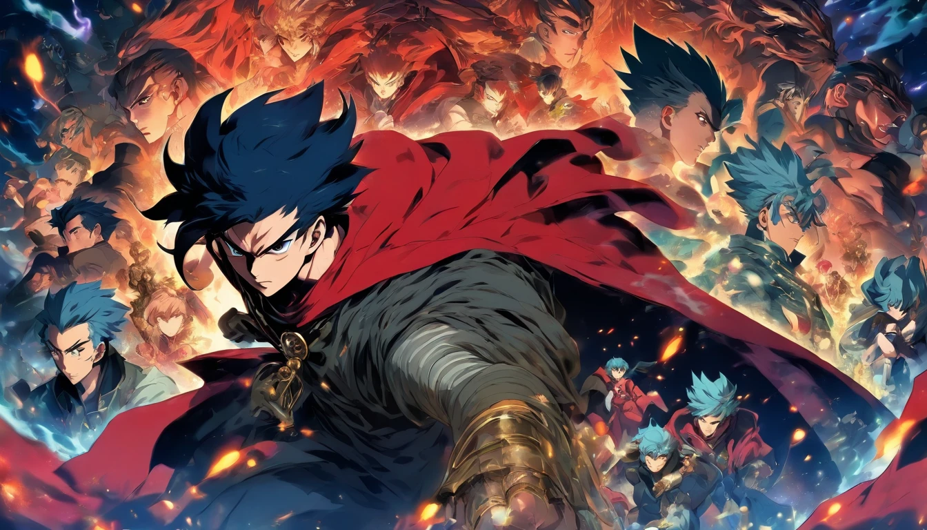 50s, man, final boss, navy blue hair, black steam floating around, intense gaze, wearing a red cloak, many companions behind him, looking at camera, front