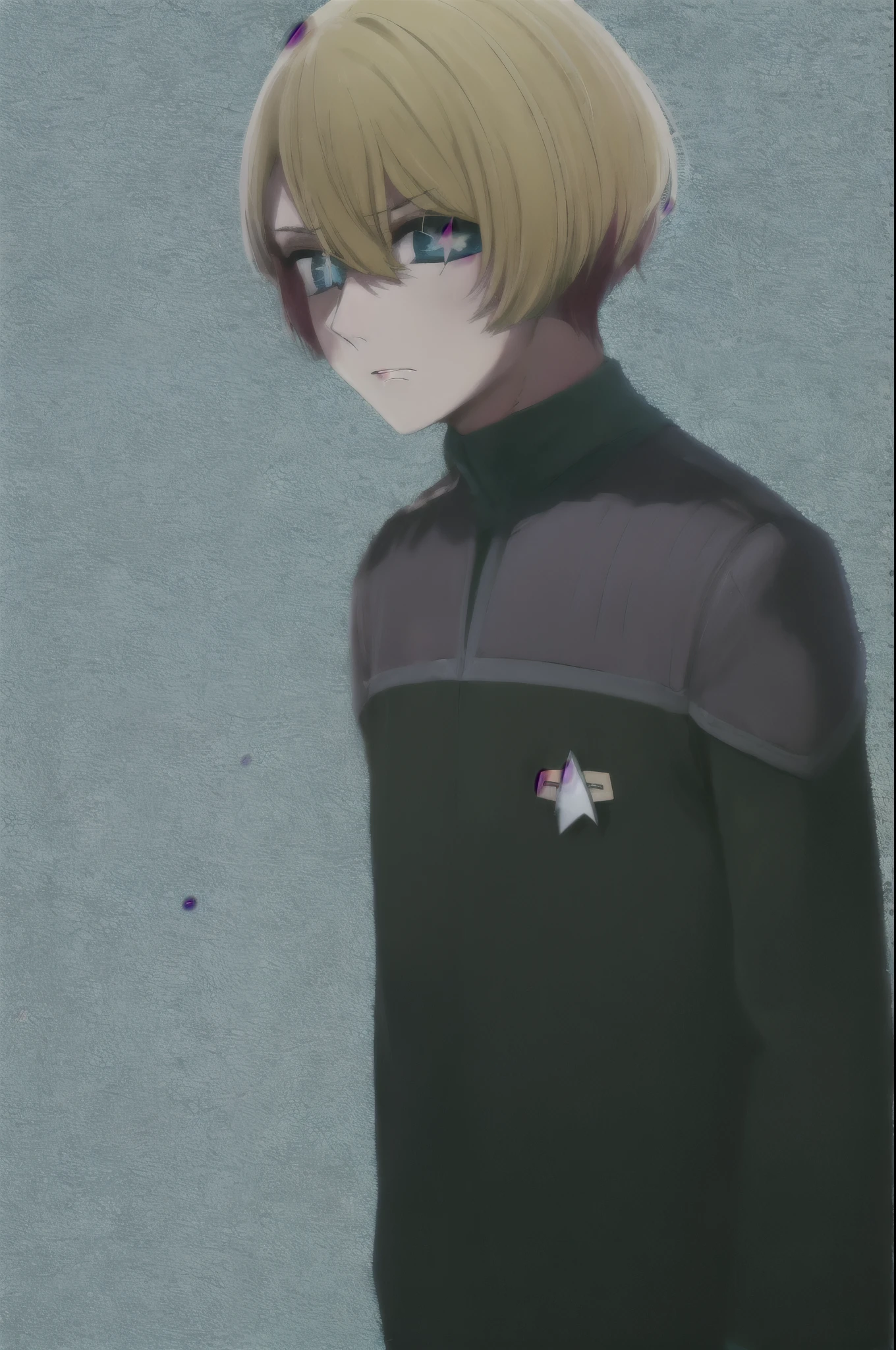 aquamarine hoshino, blue eyes, blonde hair, hair between eyes, (symbol-shaped pupils:1.5), ds9st red and black uniform ds9st teal and black uniform ds9st yellow and black uniform ds9st command ds9st operations ds9st science sarcastic expression worry expression