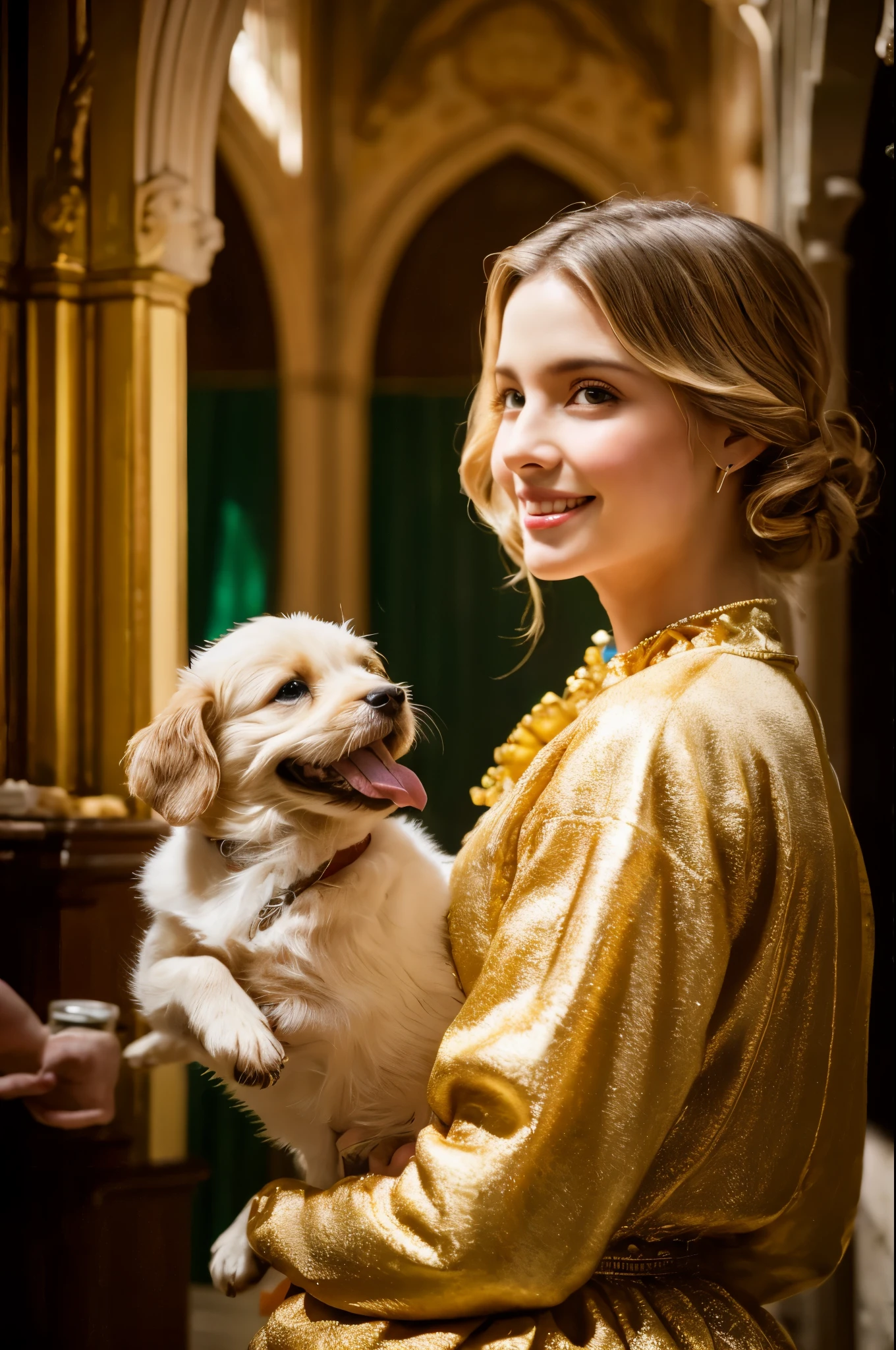 A girl and her puppy, blonde hair, brown hair, light brown hair, long hair, aqua eye, smile, art deco, Rococo style, high detail, romanticism, gothic art, hyper realism, Depth of the bounds written, cinematic lighting, ray tracing, first person perspective, f/1.8, 85mm, nikon, Sony FE manager, nikon, interior architecture, Backlight, Lens flare, UHD, retina, masterpiece, Accurate, anatomically correct, rough skin, Super detailed, high details, high quality, Award history, 最high quality, High resolution, 8K, 4k