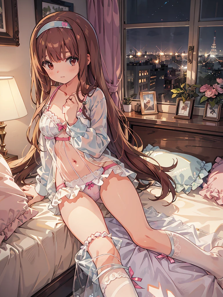 beautiful illustrations, highest quality, pretty girl, 1girl, Bedroom, pastel colour, (two-separated lingerie), reddish brown long hair, headband, cute lingerie, bright lighting