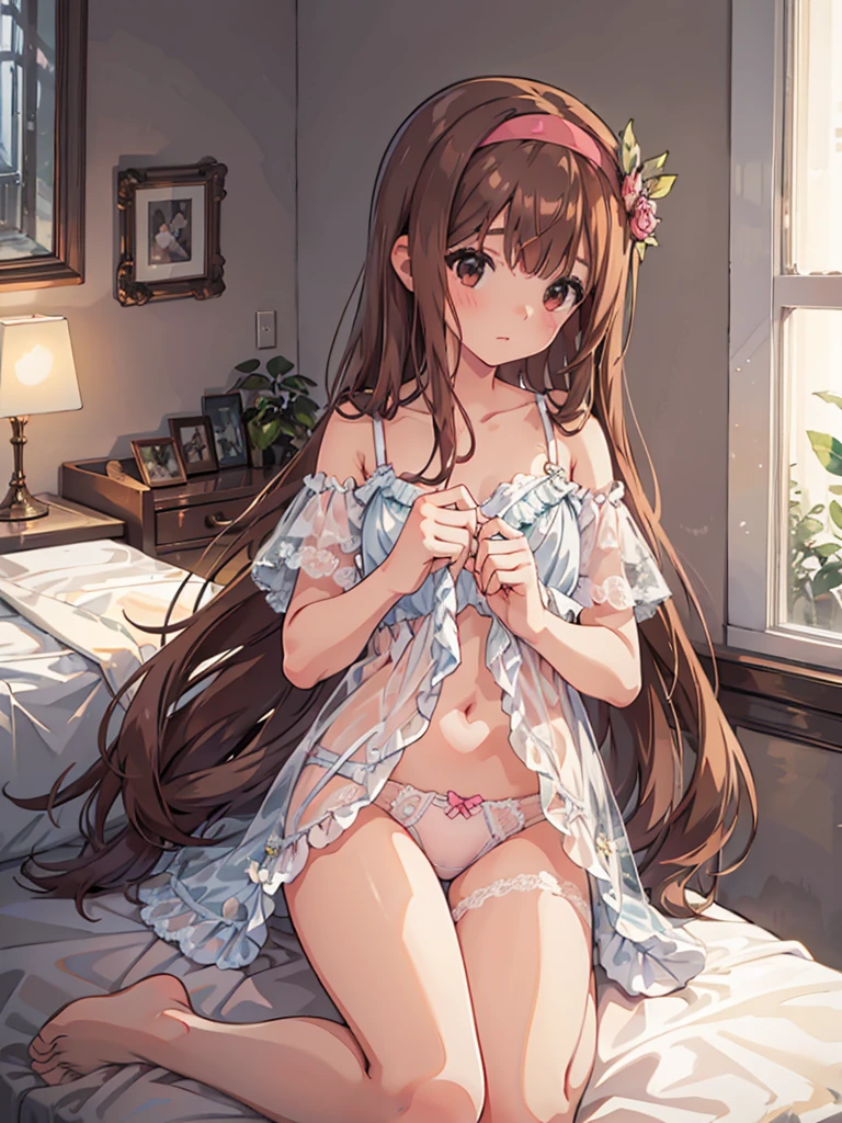 beautiful illustrations, highest quality, pretty girl, 1girl, Bedroom, pastel colour, (two-separated lingerie), reddish brown long hair, headband, cute lingerie, bright lighting