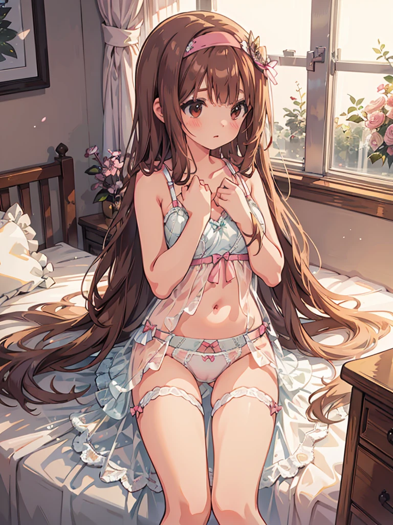 beautiful illustrations, highest quality, pretty girl, 1girl, Bedroom, pastel colour, (two-separated lingerie), reddish brown long hair, headband, cute lingerie, bright lighting