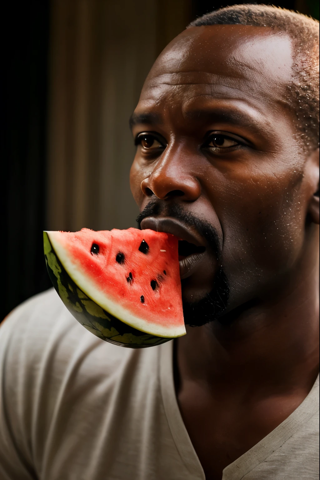 ((((African Man)))), Photorealistic, mature male, (((in the White House))), (((eating watermelon))), Detailed skin, detailed body, Natural Skin Texture, realistic skin, skin pores, intricate detail, raw photo, lifelike rendering, immersive atmosphere, chiaroscuro, moody lighting, ((mid shot))