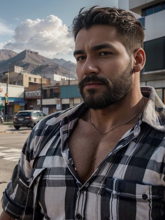 obra maestra, Mejor calidad, high resolution, Retrato de primer plano, (1 chico:1.4) A man in a lumberjack suit (cuadros blancos y negros), muscular, (con camisa: 1.2) enfoque masculino, enfocarse solo, piel bronceada, 38-year old man, muscular, fuerte, peludo, Masculino, (descamisado: 1.2), in the background a mountain of garbage, in a city with a lot of traffic and pollution, amazing composition, Vista frontal, HDR, volumetric lighting, (plano general, desde el frente:1.2) (GS-Macho :1.5) (magnificent landscape:1.2)