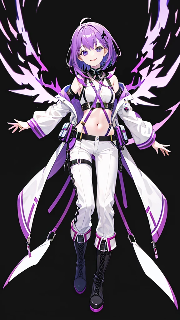 purple hair girl,medium hair,Harness,No sleeve,Navel exposed,pants,boots,simple background,smile,whole body,full body,full body,Standing picture,vtuber,front,from front,Viewer's perspective,視線をfrontに,