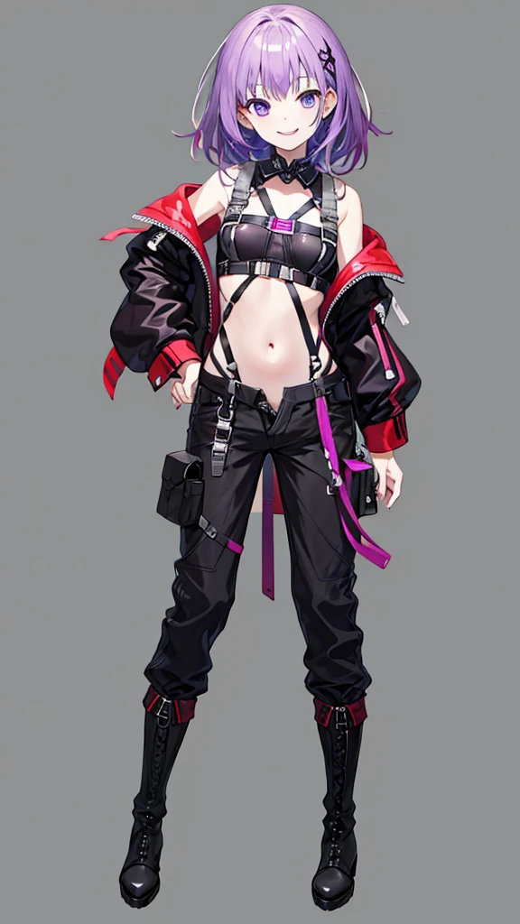 purple hair girl,medium hair,Harness,No sleeve,Navel exposed,pants,boots,simple background,smile,whole body,full body,full body,Standing picture,vtuber,front,from front,Viewer's perspective,視線をfrontに,