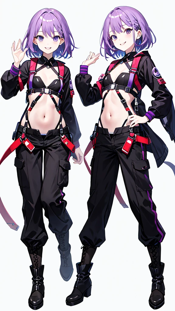 purple hair girl,medium hair,Harness,No sleeve,Navel exposed,pants,boots,simple background,smile,whole body,full body,full body,Standing picture,vtuber,front,from front,Viewer's perspective,視線をfrontに,
