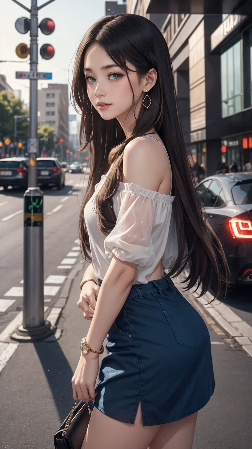(最high quality, 8K, masterpiece: 1.3, Ultra HD, high quality, 最high quality, High resolution, realism)) 、25 year old white woman、brunette、blue eyes、long hair、smile、slender、slenderだがアスリートのような細マッチョ、I don't want my head to disappear from the screen.、Wear accessories on your wrist、Wearing red nail polish、I have a peticure、Wear a sheer, off-the-shoulder bodycon top、wear sandals、have a clutch bag、Skyscraper background、Waiting for a traffic light at an intersection、crystal earrings((crystal earrings))、inner color((colored inner hair))、long hair ((long hair))、dark blonde、dreadlocks((dreadlocks))