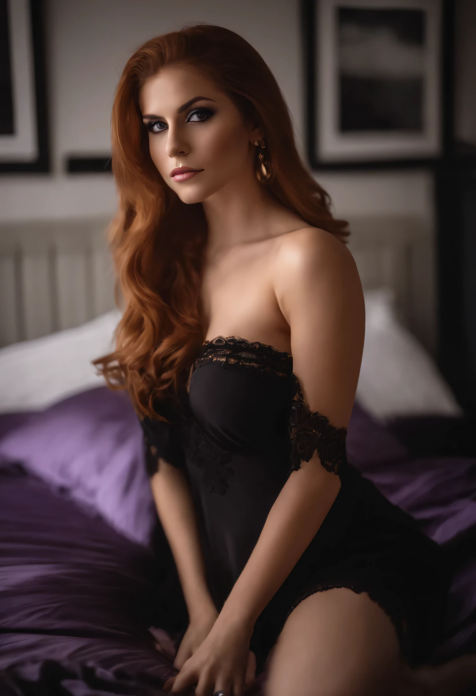 arafed woman with black sexy open clothes, sexy pose, portrait, ginger long hair and large eyes, huge breast, selfie of a young woman, bedroom, violet myers, looking directly at the camera, face with artgram, subtle makeup, stunning full body shot, in bedroom, cleavage