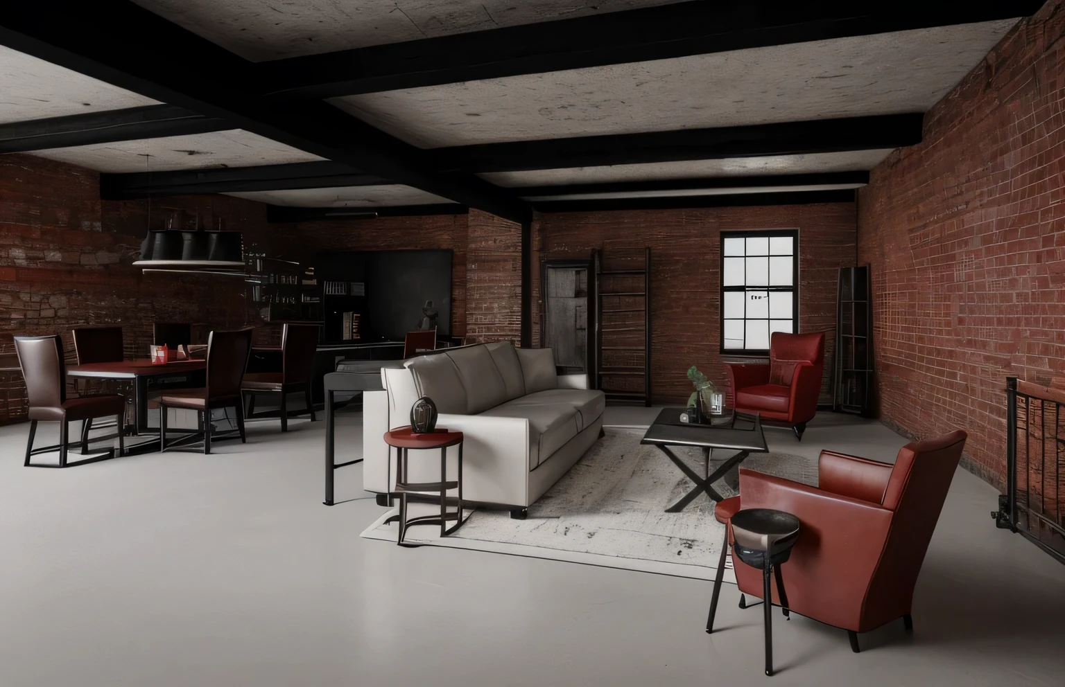cinematic scene of an industrial style loft with red brick walls, black leather couch, white floor, black ceiling