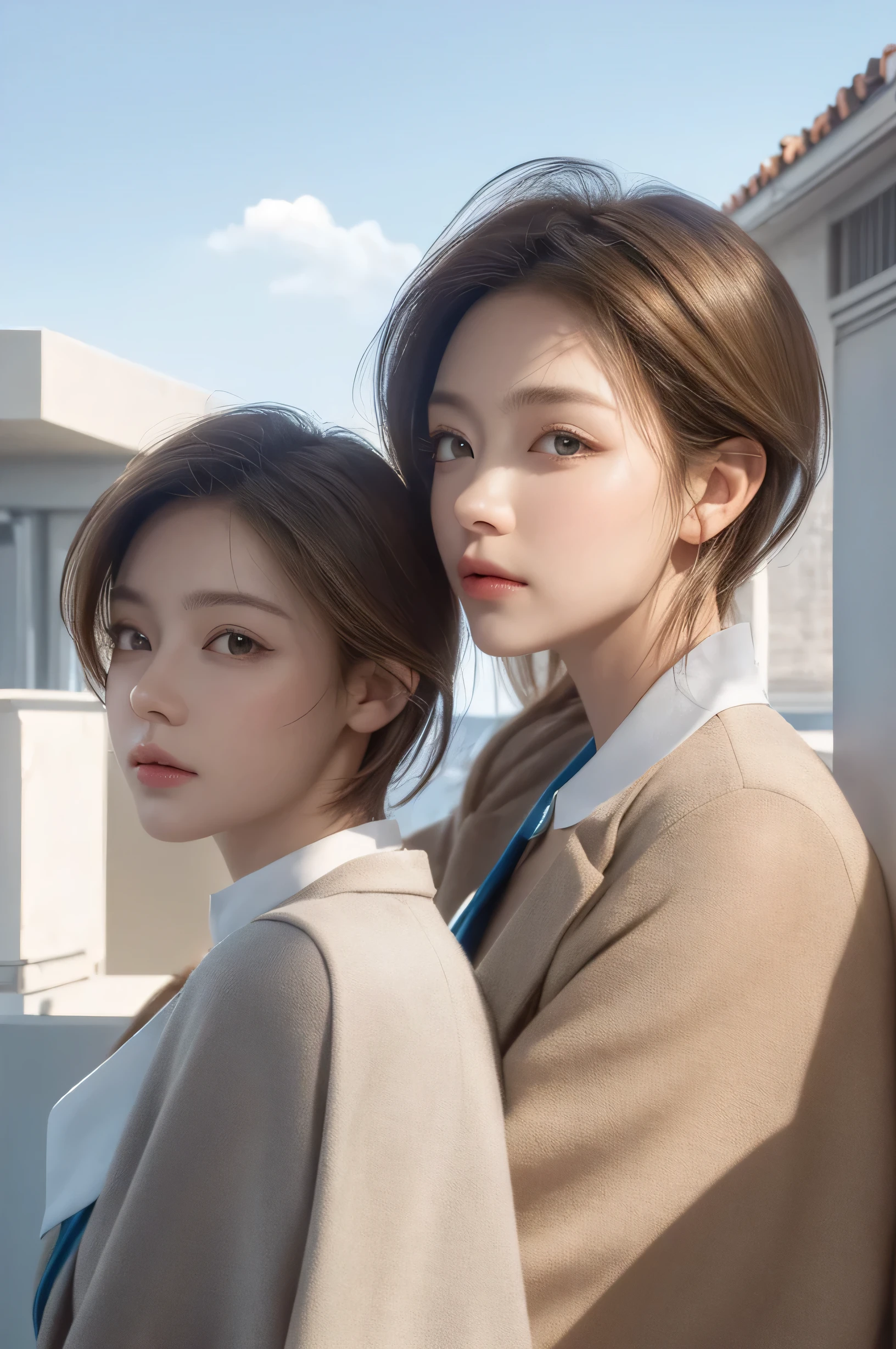 need,masterpiece,light brown hair,short hair,outdoor,Blue sky,roof of the building,8K,