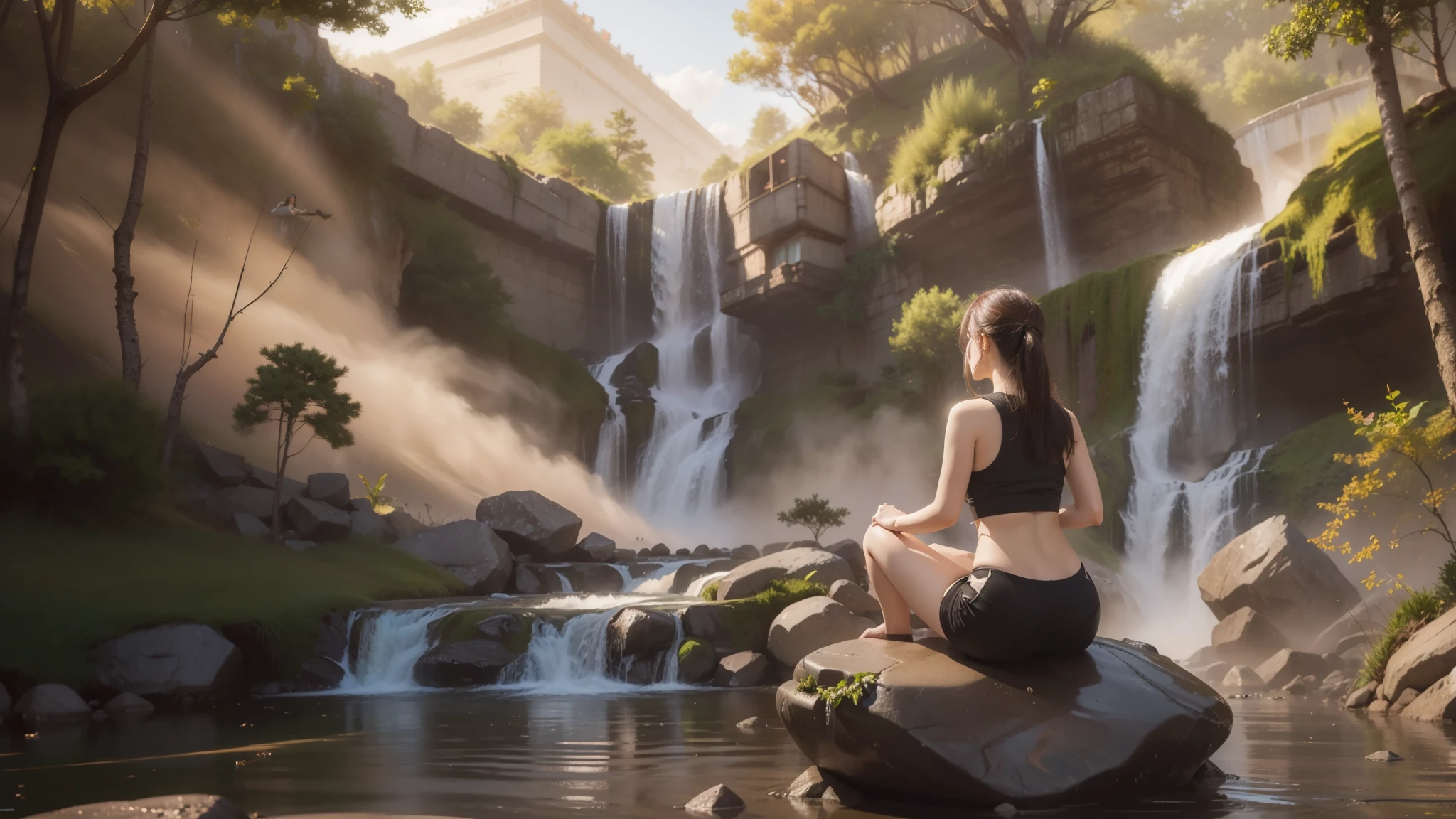 There is a woman sitting on a rock in front of a waterfall., relaxing concept art, Ross Tran. scenic background, beautiful digital artwork, next to the waterfall, Gwaites style artwork, beautiful digital paintings, digital painting concept art, amazing digital paintings, Solitude under the waterfall, 4K digital painting, smooth digital concept art, 4K digital painting