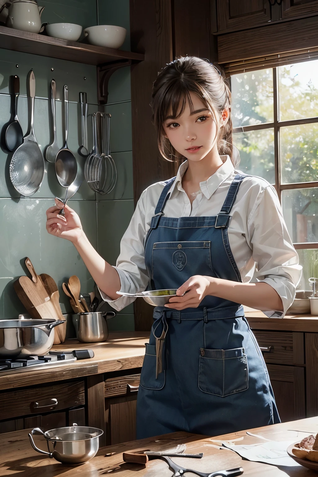 (Realistic illustration of a well-appointed kitchen)、(High resolution image)、(Detailed representation of various tools)、(Ultra-detailed scene with clear textureasterpiece showcasing intricacies of kitchen utensils)、(Wallpaper-quality image)、(Sharp focus on each tool with fine details)、(Professional lighting enhances each object)、(Each tool showcased with accuracy – pots, pans, knives, cutting boards, mixing bowls, colanders, measuring cups and spoons, whisks, etc.)、(Top-quality illustration of the tools in their place)、(Each tool displayed