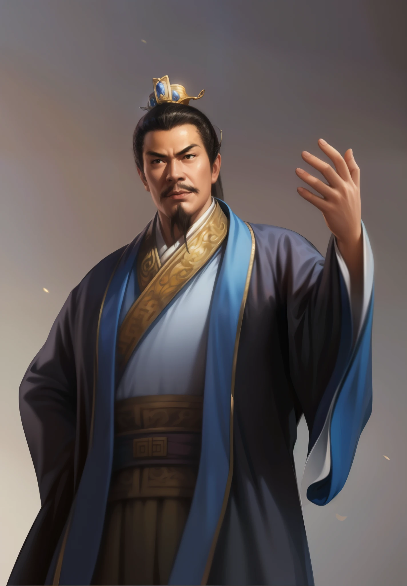 A painting,There is a figure in a blue robe in the painting.、Man with a crown, Inspired by Cao Zhibai, Inspired by Emperor Xuande, inspired by Wu Daozi, bian lian, Inspired by Dong Yuan, heise jinyao, inspired by Zhao Mengfu, Yang Qi, Inspired by Zhang Sengyao, feng shu, Inspired by Zhao Yuan, liang xing