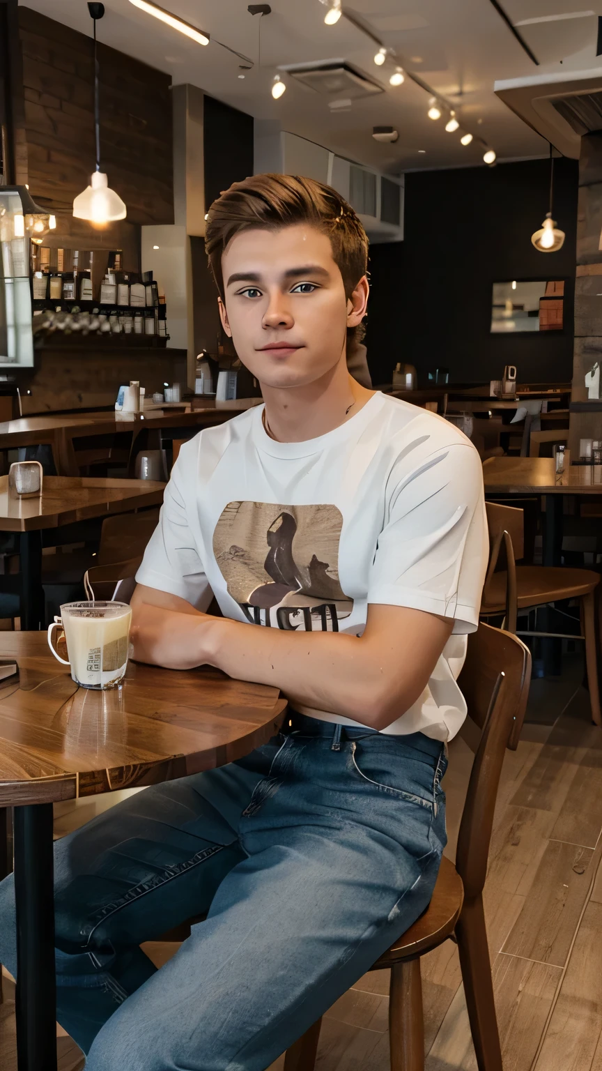 a white 20 years old man with brown hair wearing a t-shirt and jean sitting in a restaurant, icelandic restaurant