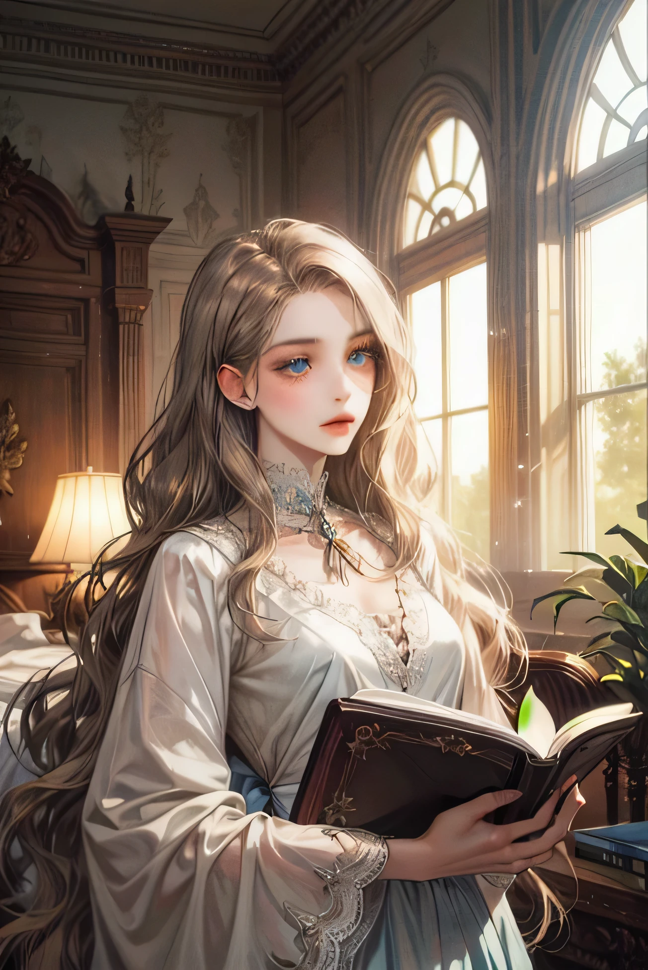 A beautiful woman with light blue eyes, long wavy brown ash hair in the her room reading a book