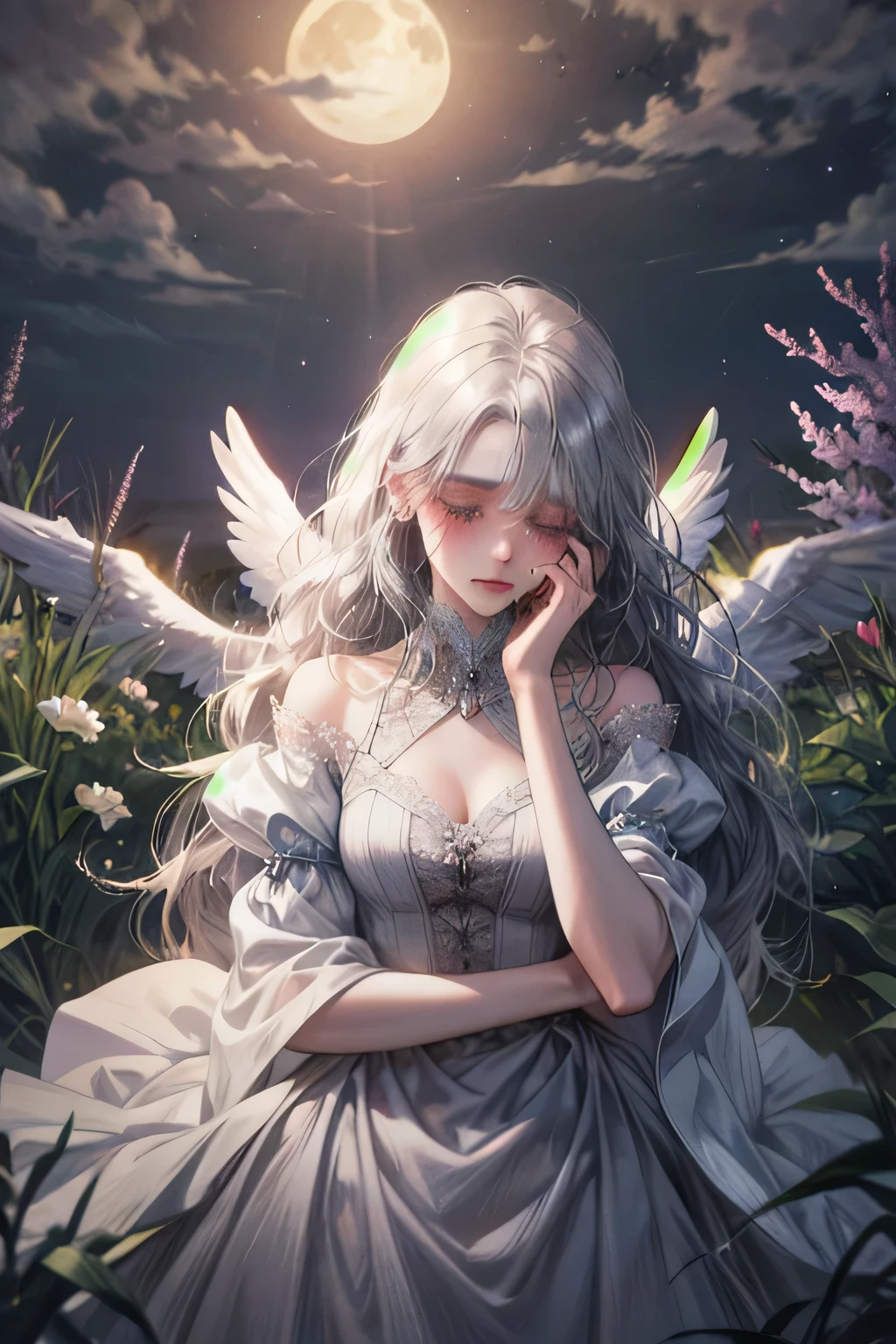 A beautiful angel wearing lace to cover her eyes, her hair silver and long and wavy, crying in the middle of a beautiful garden in heaven, under the moonlight