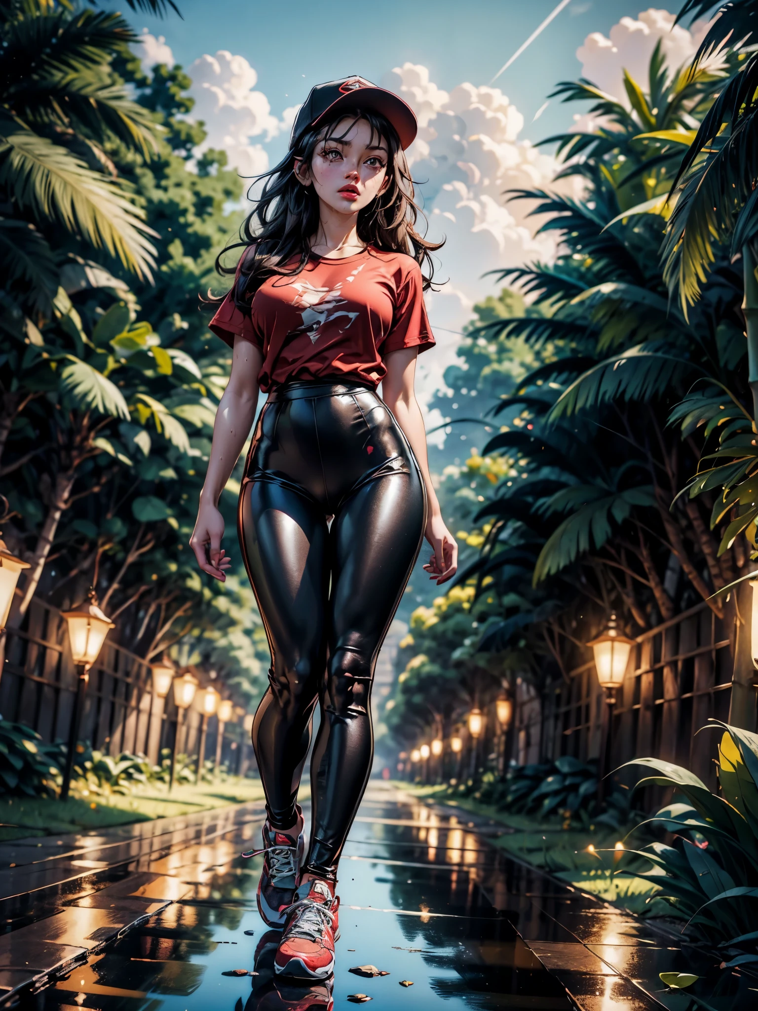 1female,18 years old,MILF,mature,Bigchest,Big breasts Thin waist,long leges,Raised sexy,Pornographic exposure, solo,(Background with:bamboo forrest,clubs) She has very short black hair,standing on your feet,Sweat profusely,drenched all over the body,seen from the front, hair straight, mostly cloudy sky,(((tmasterpiece),(Very detailed CG unity 8K wallpaper),best qualtiy,cinmatic lighting,detailed back ground,beatiful detailed eyes,Bright pupils,(Very fine and beautiful),(Beautiful and detailed eye description),Black eyes,Redlip,ultra - detailed,tmasterpiece,)),facing at camera,(The upper part of the body),A high resolution,ultra - detailed),revealing breasts,Bare genitalia, Bulge,legs are open,sexyposture,Camel toes,Flushed complexion,Open-mouthed,frontage,,(Wearing:baseball cap,Red baseball shirt,grey leggings,athletic sneakers),Full body photo,Show shoes