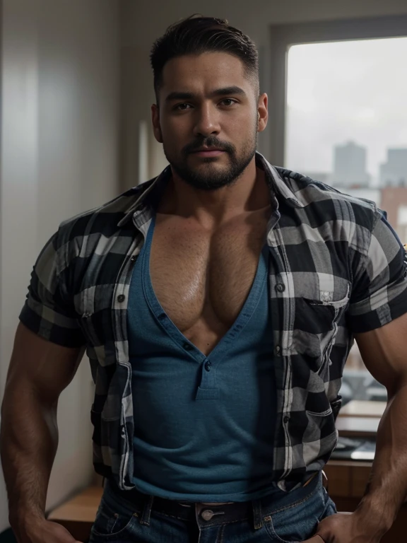 1boy, AdinAlpha, solo, facial hair,34 yrs old, fitness trainer, male focus, flaccid penis, pectorals, bara, muscular, mature male, muscular male, abs, beard, ring nipples, garter and suspenders, short hair, navel, stomach, large pectorals, thick eyebrows, bare pectorals, dark-skinned male, erection, thighs, erection under clothes, fancy suit, dark skin, tie, tight shirt, jacket, tight pants, grey business suit, pectoral cleavage, cowboy shot, cop agent uniform, feet out of frame, thick thighs, looking at viewer, masterpiece, 4k, high quality, highres, absurdres,