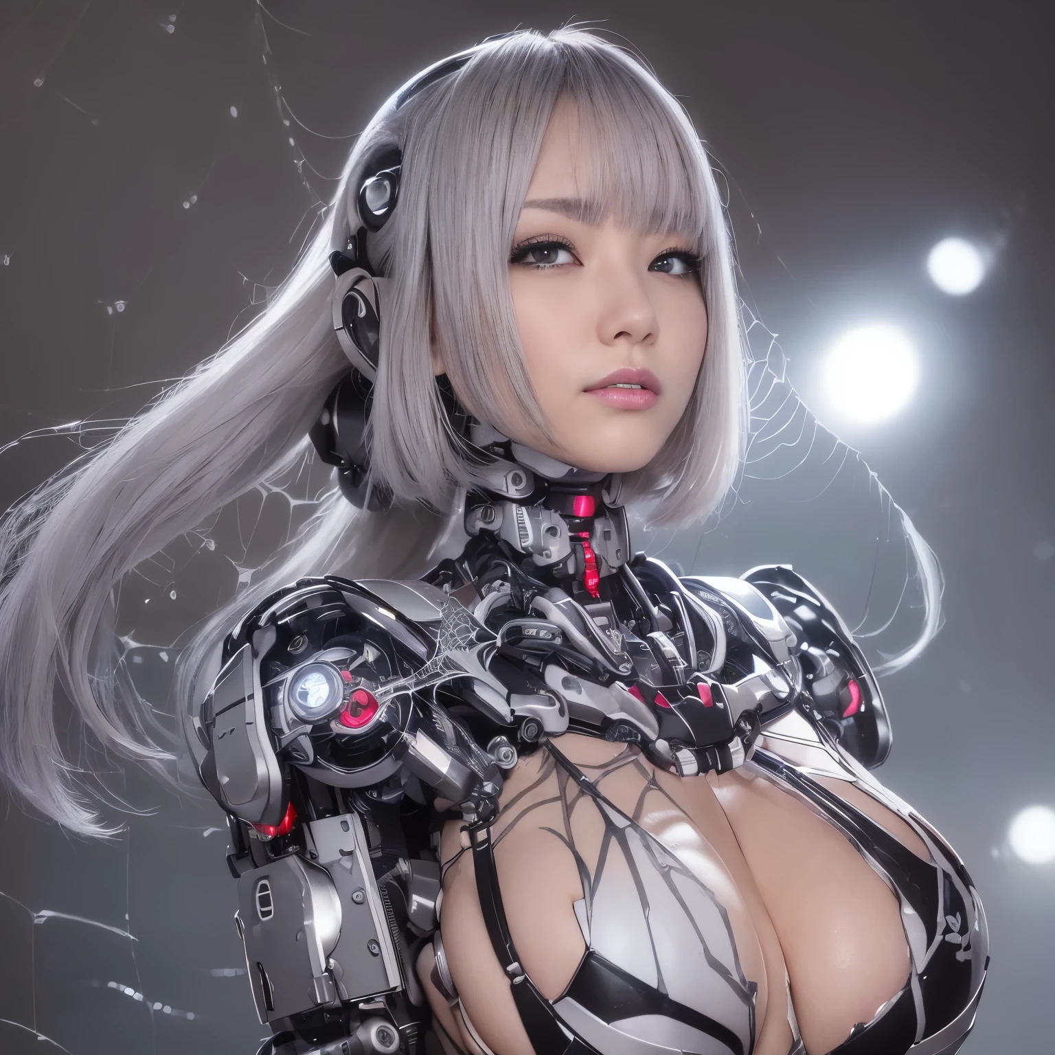 beautiful face,face is japanese,((1 female)), big, Curvaceous, (16k, RAW photo, highest quality, masterpiece: 1.2), (HDR, realistic, realistic: 1.37),((((spider web bikini cyborg robot parts)))), (light gray hair), long hair, wavy hair, twin tails, medium shot, (enchanting smile)), (black eye), double eyelid, from below, (whole body),take a pose,in the laboratory,((mechanical vertebrae attached to the back)),((Mechanical neck attached to the neck)),(Wires and cables attached to the head and body),(character focus),SF,perfect woman image,完璧なanatomy, anatomy, whole bodyショット, Up to 4 fingers and 1 thumb relationship,