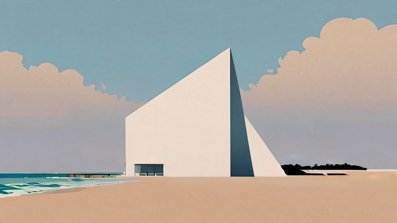 A simple illustration by Hiroshi Nagai　A simple, white, angular building　California summer sky and beach　Tranquil scenery　calm sea　rustic illustration