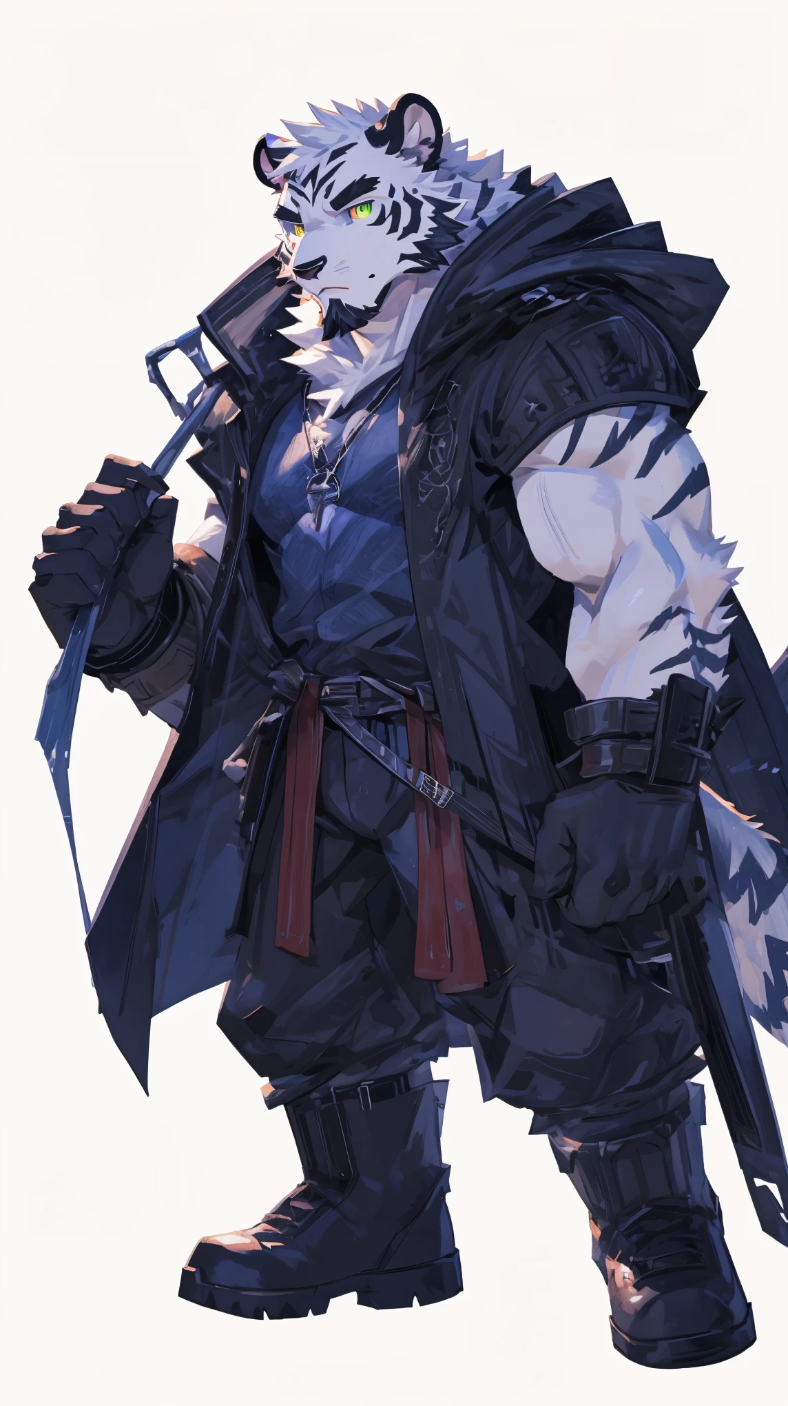 (masterpiece:1.2), best quality,pixiv,official art,perfect anatomy, (Ray tracing, light),solo, (1_male:1.3) , (muscle), (dynamic poses:1.3), (ultra deTailed), sharp focus, Negi, eyes, (glowing cyan eyes), hairy, (white fur:1.6),(muscle white tiger), (beard:1.2), Tail, Thick eyebrows,open hoodie, naked inside, cargo shorts, boots, ultra deTailed face, high deTails, high quality, (best quality,4K,8K,high resolution,masterpiece:1.2),bright colors, float in the sky, reach hand, (white background:1.3)