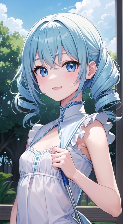 (8K、Highest quality、highest quality、masterpiece)、Detailed face、One girl、Rem from Re:Zero、short hair、、blunt bangs、Grey Eyes、Open your mouth、((Grin))、Small breasts、((White camisole))、((Blue skirt))、Cowboy Shot、((bent over))、Back Alley Background、Very large breasts Exposing breasts Bare breasts Nipples visible Blushing Embarrassing