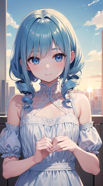 最high quality,very detailed,high quality,Extremely detailed,masterpiece,Super fine,ultra high resolution,超high quality,super delicate face,super realistic,(1 person:1.2)、woman、、light blue hair color、(Cute sky blue eyes)、(short:1.3)、flat chest 、 body shape、(twin drill hair:1.2)、(smile:1.2)