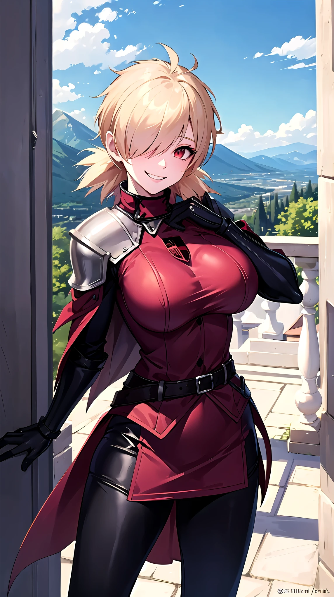 (masterpiece, best quality, detailed), 1girl, solo, seras victoria, hair over one eye, looking at viewer, 
armor, breastplate, armored dress, cape, gauntlets, shoulder armor, bodysuit, outdoors, mountain, castle, fantasy, scenery, sky, hands behind back, smirk, red eyes,  boob window, breast window, sexy,  balcony, castle background 