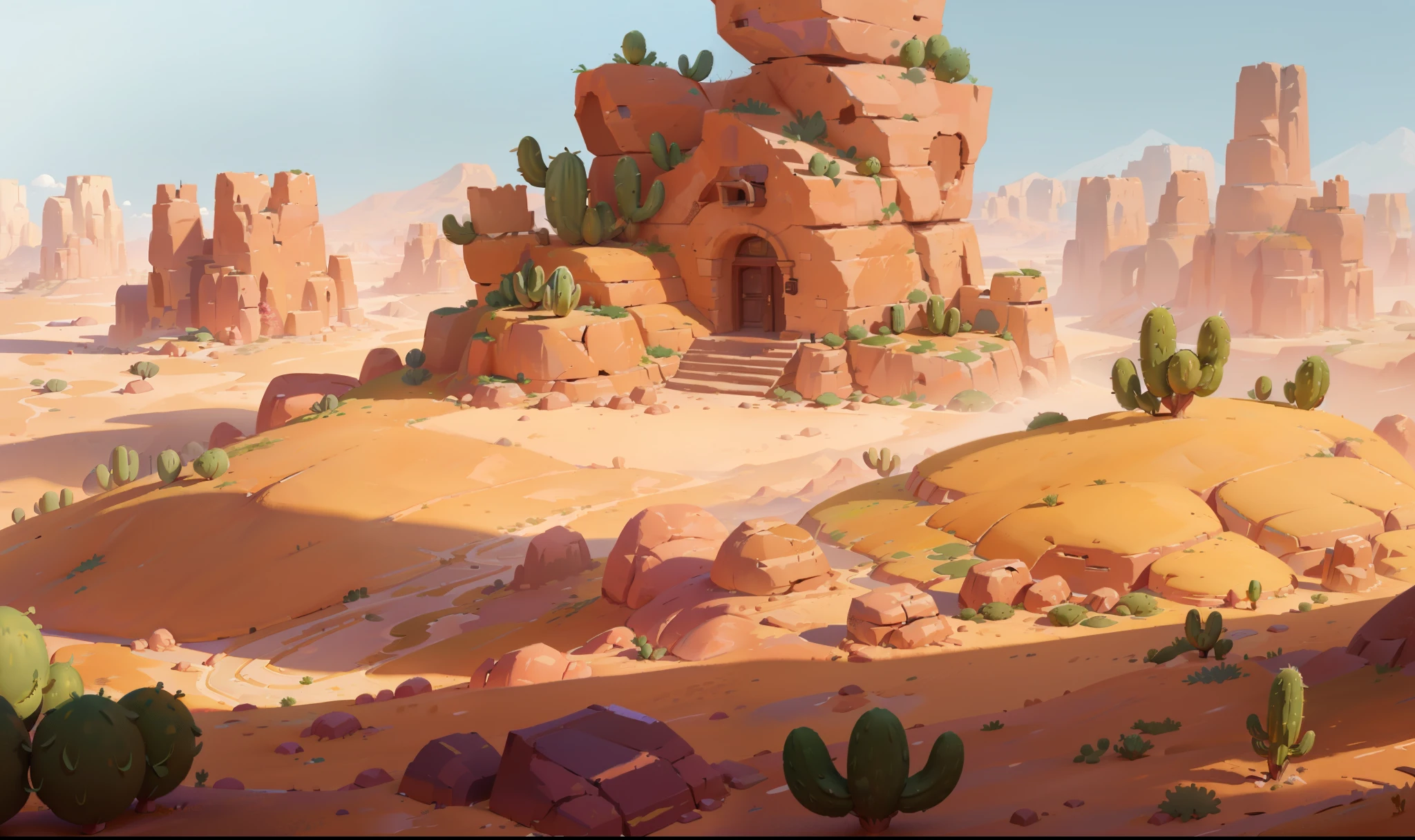 there is a desert scene with a cactus and rocks, background art, painted as a game concept art, stylized concept art, background artwork, desert environment, desert background, digital painting concept art, painterly concept art, sand and desert environment, concept art style, rocky desert, 2d concept art, desert wasteland, environment painting, scenery game concept art