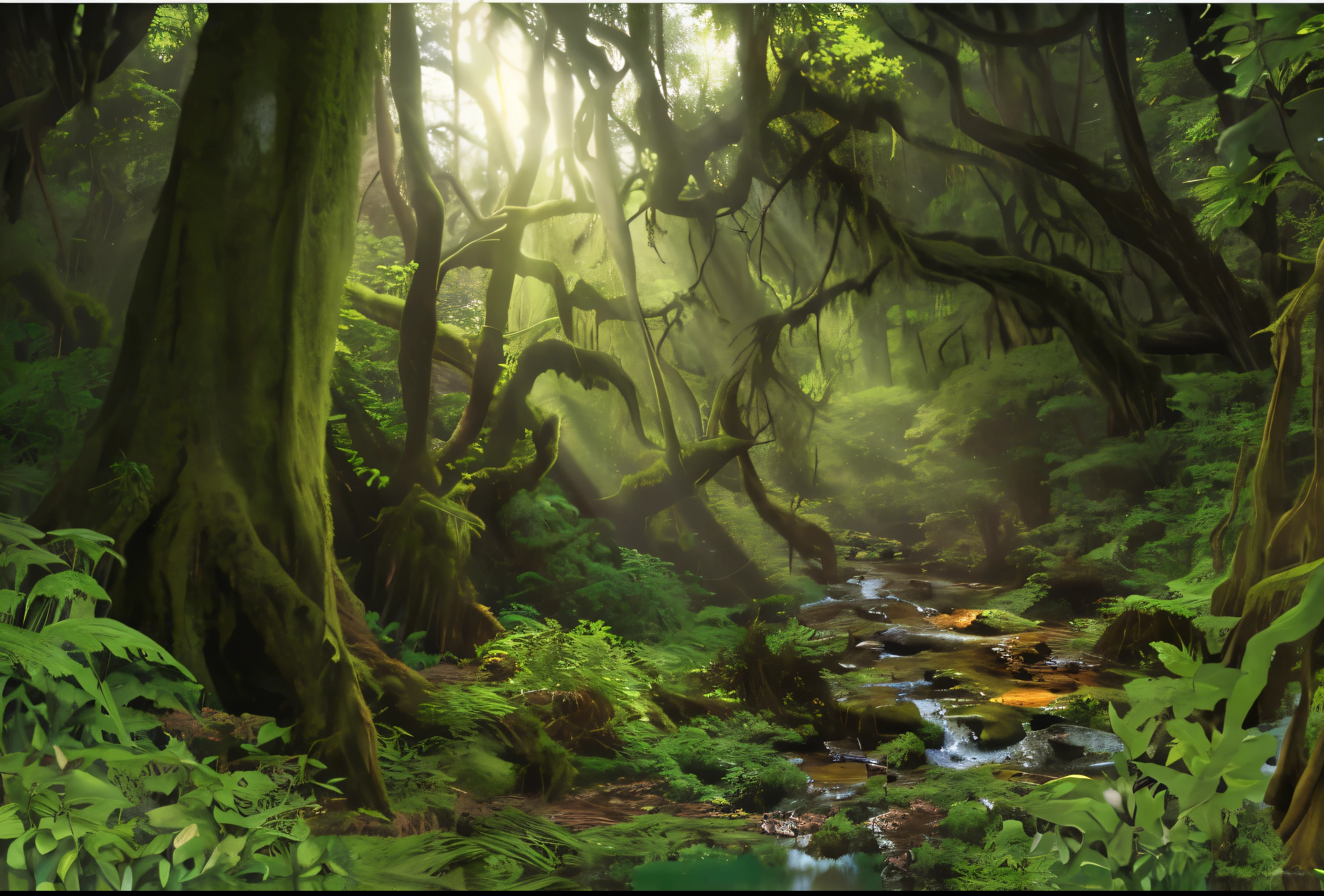 arafed view of a stream running through a lush green forest, beautiful ancient forest, ancient forest, ancient forest like fanal forest, enchanted forest, enchanted forest, enchanted forest, an Overgrown forest, Epic Forest, Dense forest, green forest, very beautiful forest, Overgrown forest, forest scenery, beautiful forest scenery, Peaceful Elf Forest
