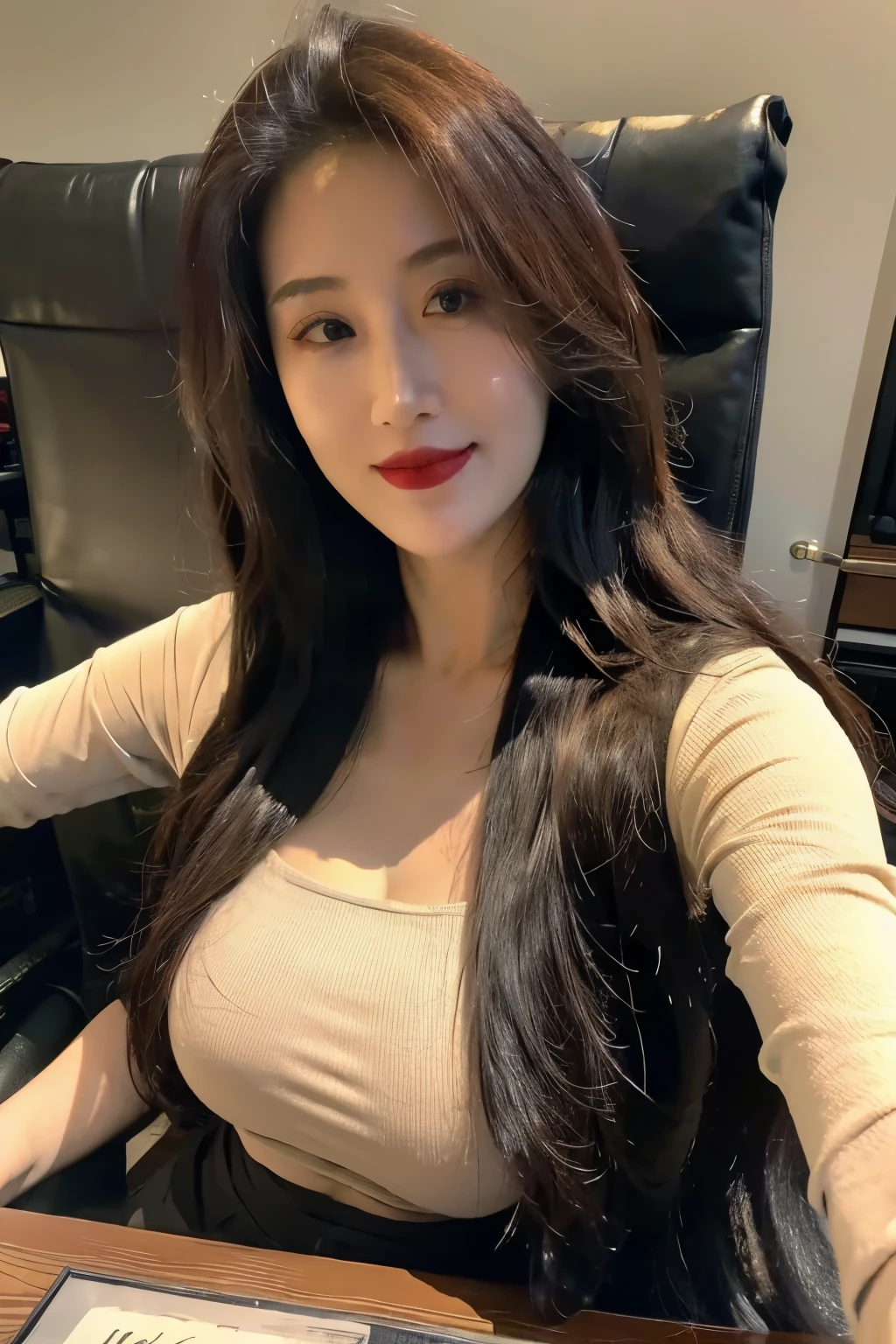 ((top quality、8k、masterpiece:1.3))、sharp focus, High level of image quality, high resolution，Upper body shirt，Slim pants，37-year-old woman with long hair，Mature，charming smile，lifelike，Correctly depict facial features，Red lips，stand，Slender and slightly plump body，Big breasts，At the desk，full-body shot