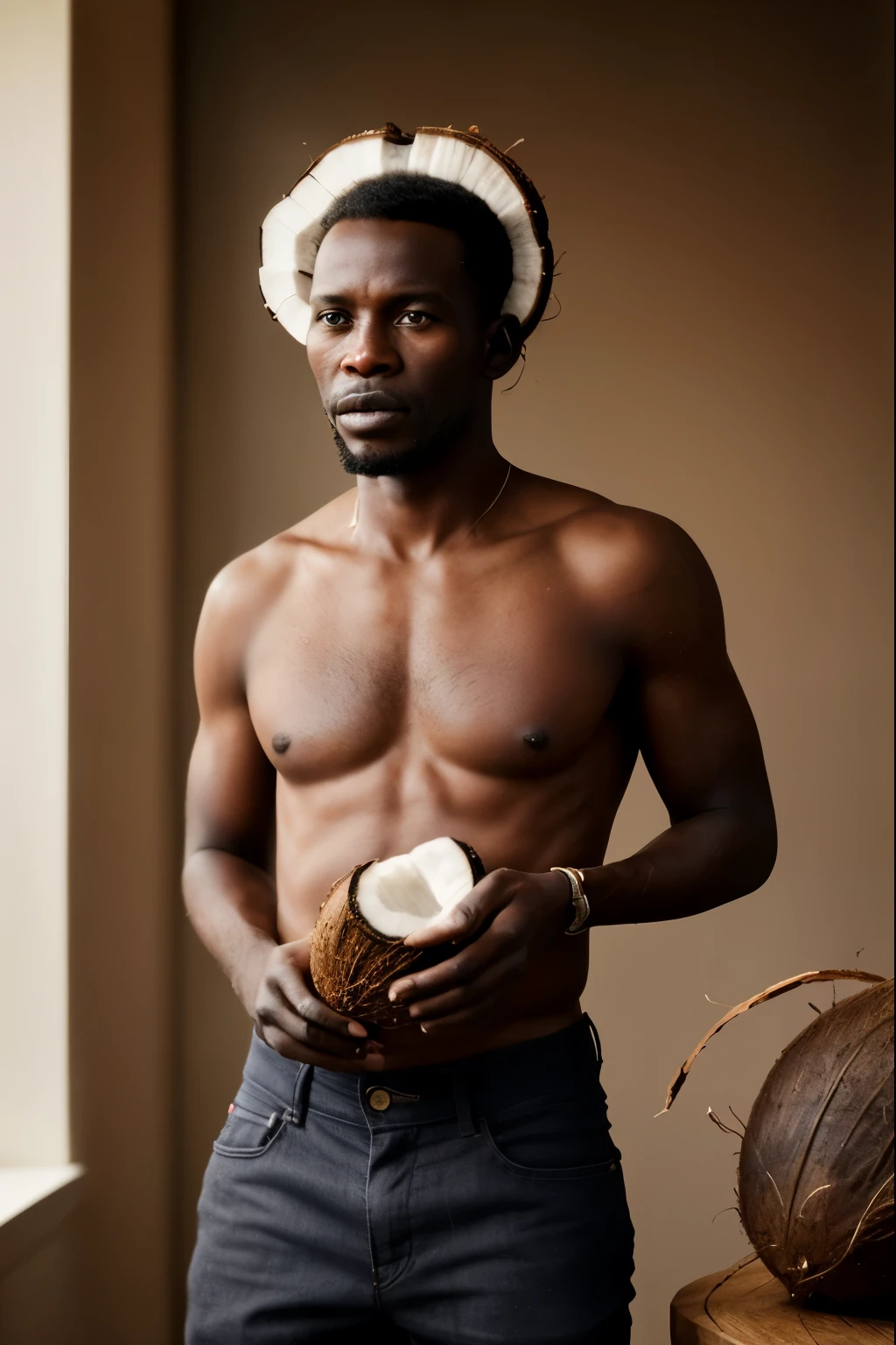 ((((African Man)))), Photorealistic, mature male, (((in the White House))), (((holding a coconut))), Detailed skin, detailed body, Natural Skin Texture, realistic skin, skin pores, intricate detail, raw photo, lifelike rendering, immersive atmosphere, chiaroscuro, moody lighting, ((mid shot))