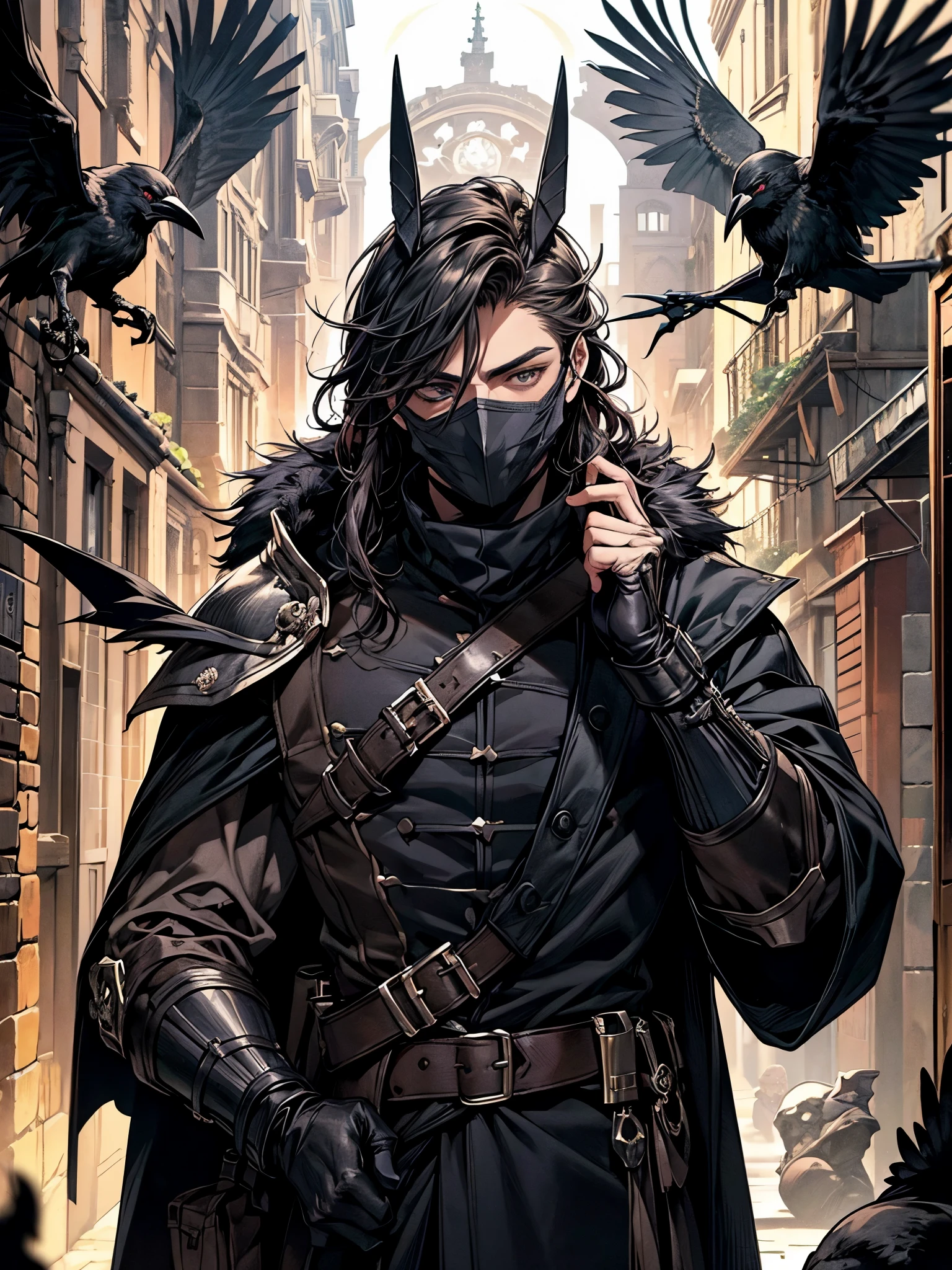 1 homem, (homem, masculino), (porte musculoso), (hipertrofia), (compressed muscles), cabelo preto, (corte de cabelo masculino), manto com capuz, roupas escuras, visual de assassino medieval, ((Plague mask, crow beak mask)), skull mask covering the lower half of the face, (Plano de Fundo: Beco escuro, cidade escura, de noite, darkness)