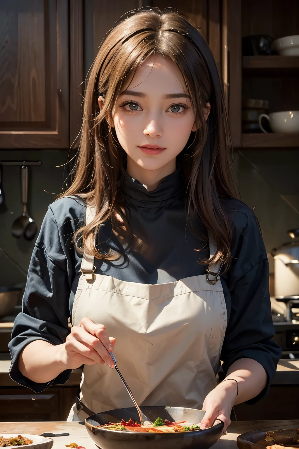 (An incredibly realistic) depiction of a (stunning) woman (expertly) (utilizing) various culinary tools as she (prepares) a mouthwatering dish in her (meticulously designed) kitchen. This (captivating illustration) is presented in (exquisite detail), showcasing the (impeccable craftsmanship) and (unparalleled artistry) that makes it a (masterpiece) among (high-resolution) (visual art) pieces. The (expertly rendered) facial features, such as her (expressive eyes) and (radiant smile), add an extra layer of (realism) and (emotion) to the overall composition. The (dynamic lighting) and (vivid colors) create a sense of (