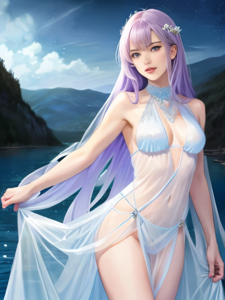 masterpiece、realistic style、very long lilac hair、Beautiful woman、white bikini armor、Sleeveless light blue see-through sexy dress 1:5、Light blue see-through long skirt、 (small breasts), (perfect body)　transparent nipples、dignified expression、Desolate European lake at night、dark fantasy