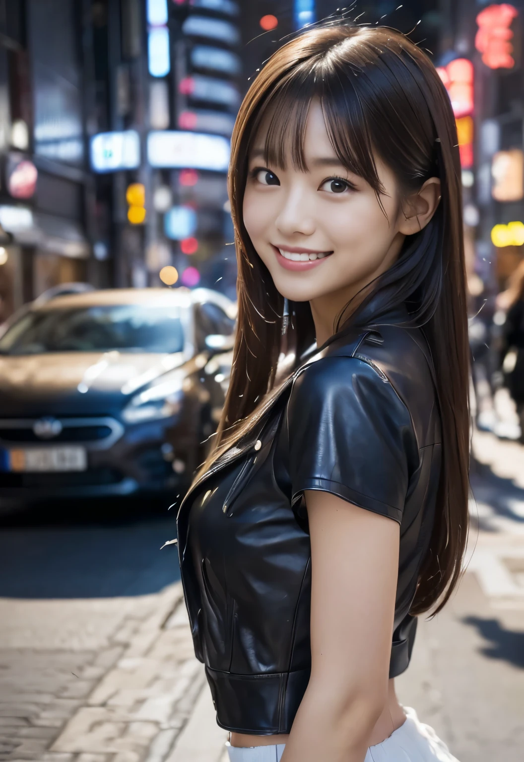 (((City:1.3, outdoor,Photographed from the front))), ((long hair:1.3,leather,japanese woman,Smile,cute)), (clean, natural makeup), (highest quality, masterpiece:1.3, 超High resolution), (Super detailed, caustics), (realistic:1.4, RAW shooting), very detailed, High resolution, 16K resolution