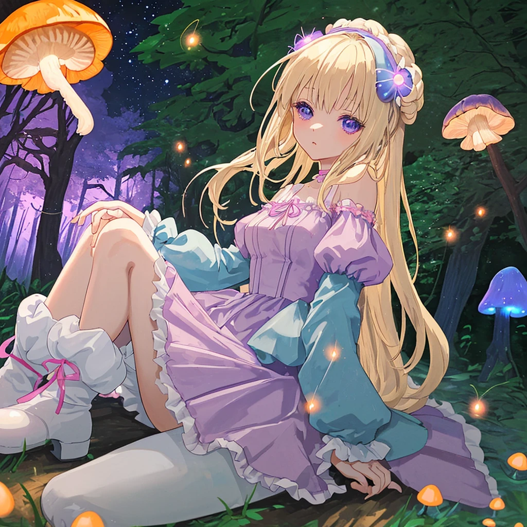 Light blonde anime girl,light blue purple eyes,Wearing a pink off-shoulder dress with puffy sleeves and knee-high white boots,Sitting in the woods,Next to orange mushrooms,surrounded by fireflies,Sitting under the stars