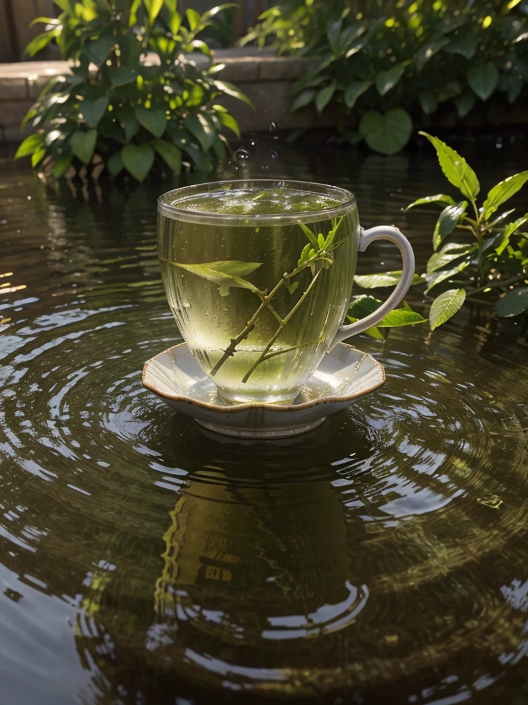 close-up, masterpiece, top-quality, Photorealsitic, A hyper-realistic, (Green tea to steam a teacup), ((Just below the surface of the water, you can see small, thin twigs floating vertically)), on an iron table in a beautiful backyard garden