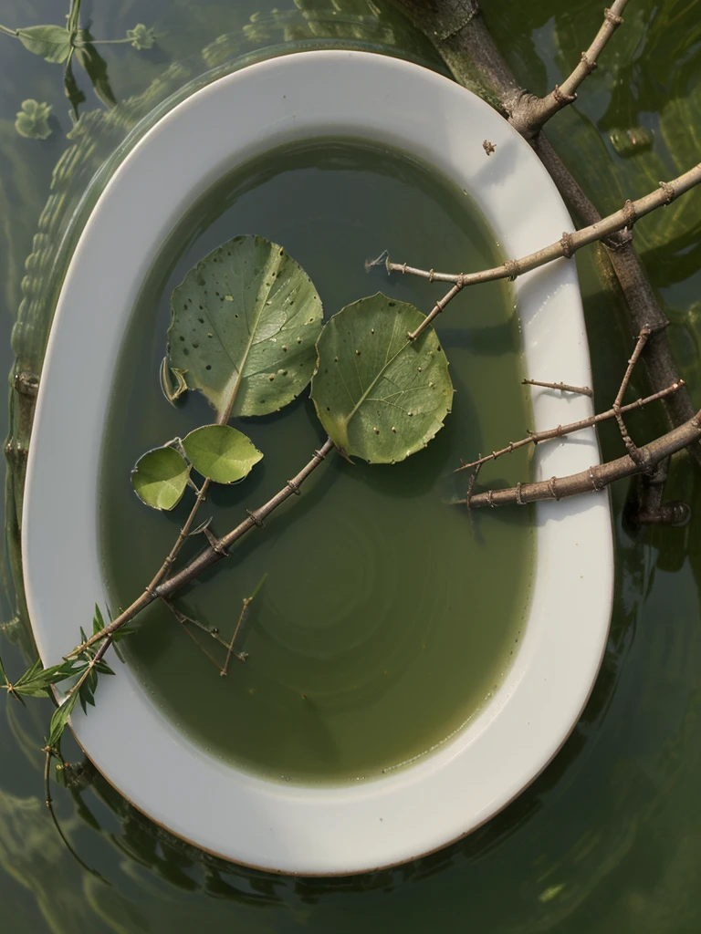 close-up, masterpiece, top-quality, Photorealsitic, A hyper-realistic, (Green tea to steam a teacup), ((Just below the surface of the water, you can see small, thin twigs floating vertically)), on an iron table in a beautiful backyard garden