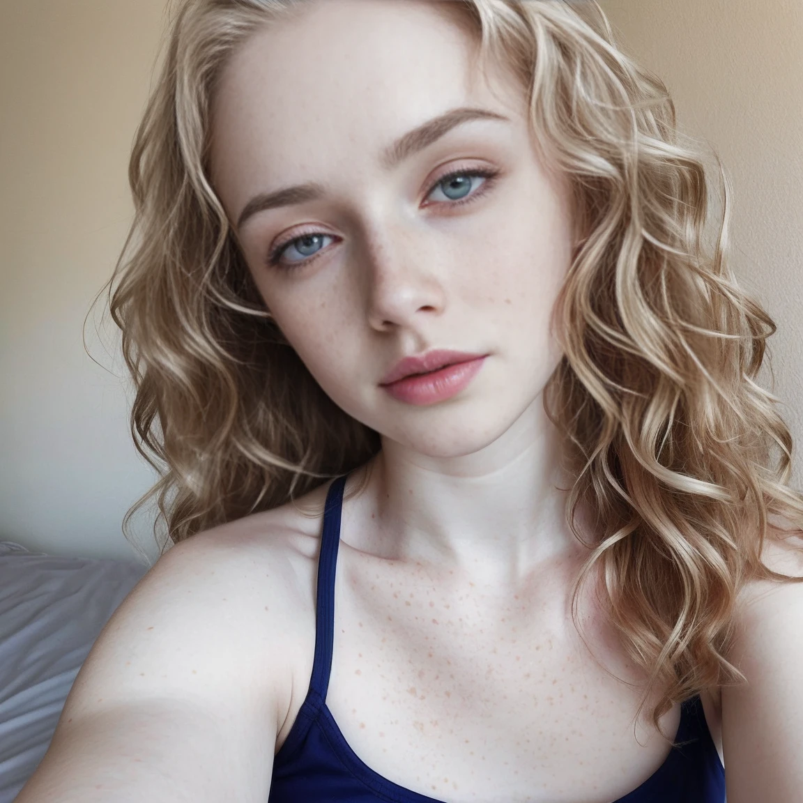 ((Age18+ Irish female, pale skin, small breasts, small nipples, some small freckles, imperfect skin, wavy hair)(HQ)(photorealistic)) taking a nude selfie