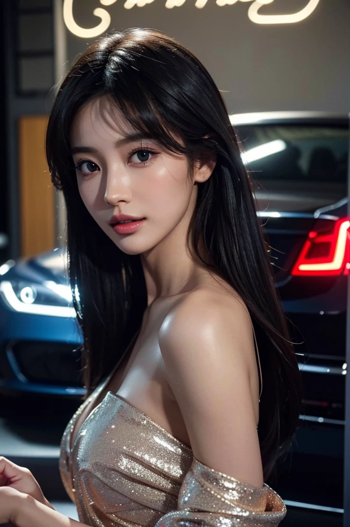 (best quality,4K,8K,high resolution,masterpiece:1.2),Super detailed,(actual,lifelike,photorealistic:1.37),Car model,Korean beautiful girl,charming appearance,stunning features,Perfectly styled hair,beautiful eyes and long eyelashes,full and luscious lips,flawless complexion,Slim and toned body,Wear stylish and elegant clothes,Show yourself confidently in front of luxury sports cars,The gorgeous lights bring out her beauty,Bright colors enhance the overall image,Studio setup and professional photography techniques,Showing the perfect combination of beauty and automotive craftsmanship.